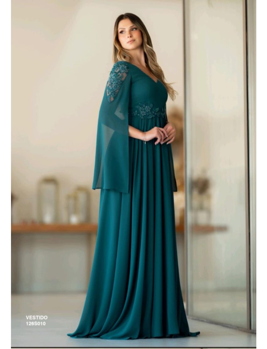 Vestido Longo Manga Aplicação Renda