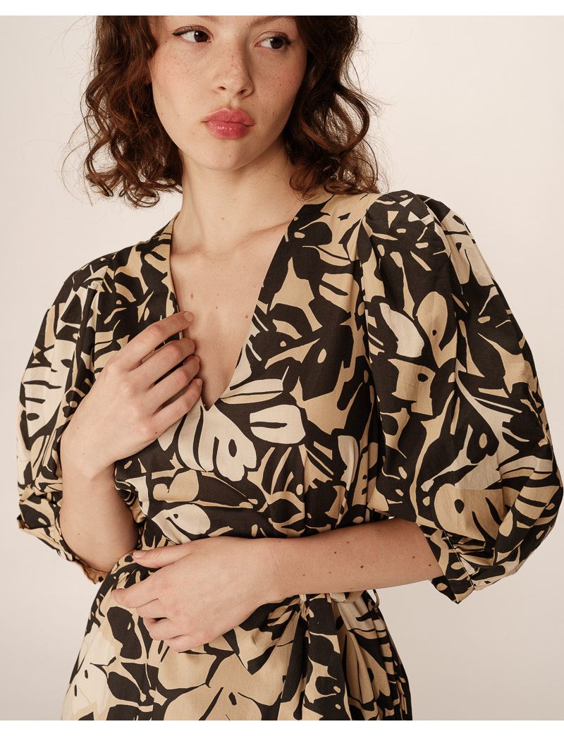 Vestido Estampado Manga Balão