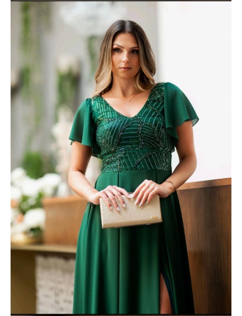 Vestido Longo Pedraria Manga